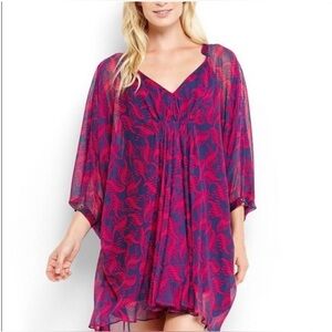 DVF Diane Von Furstenberg Fleurette Pink Silk Chiffon Kaftan Mini Dress Sz 10